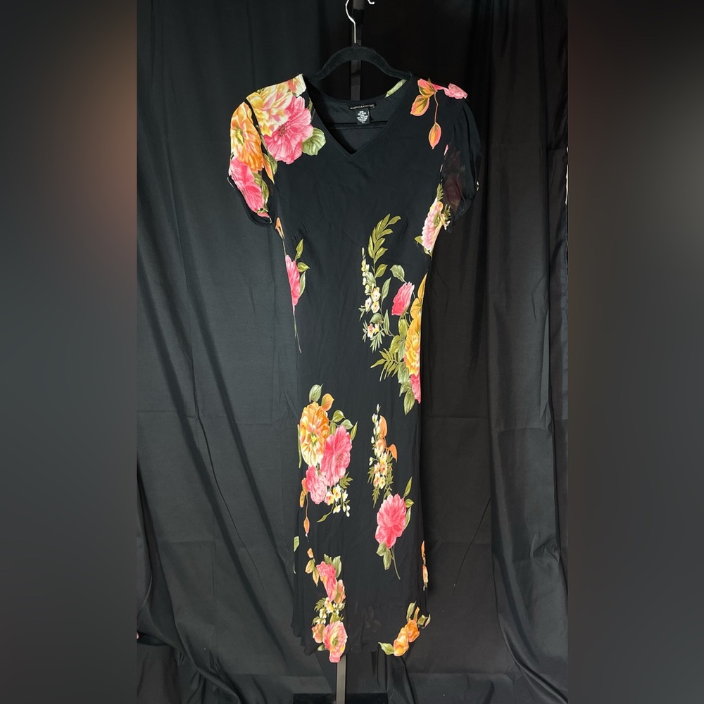 American Angel Black Maxi Dress w boldFloral   Design. Y2K Vintage body hug boho